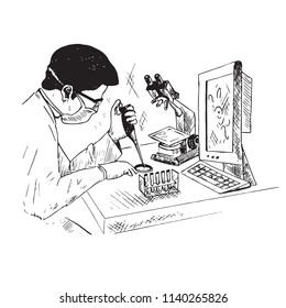 A male scientist is studying something in test tube, microscope and computer on the table, hand drawn doodle, sketch outline black and white vector illustration