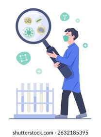 Male Scientist Uses Big Magnifying Glass to Find Bacteria, Virus and Microbe for Virology and Scientific Experiment Concept Illustration