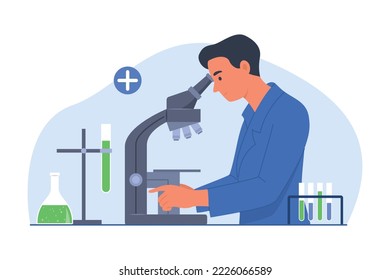 Científico masculino que usa microscopio en laboratorio