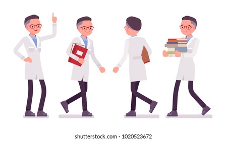 Male scientist walking. Expert of physical or natural laboratory in white coat Science and technology concept. Vector flat style cartoon illustration isolated on white background, front, rear view