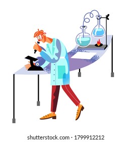 Male scientist in white lab coat looking through microscope. Man works in scientific or medical laboratory, assistant doing biology test. Vector character illustration isolated on white background