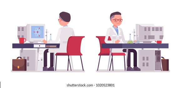 Male scientist working at desk. Expert of physical or natural laboratory in white coat at computer. Science and technology concept. Vector flat style cartoon illustration isolated on white background