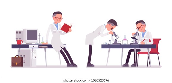 Male scientist working. Expert of physical or natural laboratory in white coat studies at microscope. Science and technology concept. Vector flat style cartoon illustration isolated, white background