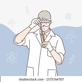 Male scientist working in lab. Hand drawn style vector design illustrations.