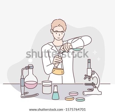 Male scientist working in lab. Hand drawn style vector design illustrations.