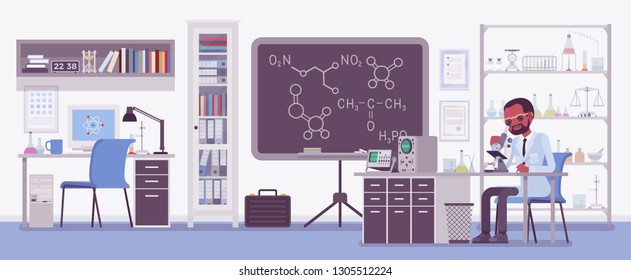 Male scientist working in laboratory. Black man in white coat, scientific investigator doing research in physical, natural sciences. Vector flat style cartoon illustration isolated on white background