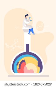 Male scientist working in laboratory doing research, making analysis of environmental pollution, sitting on a large glass flask with a planet inside. Man making scientific experiments, doctor in lab