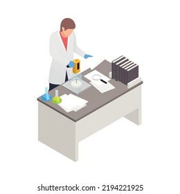 Male scientist working in laboratory at his desk 3d isometric vector illustration