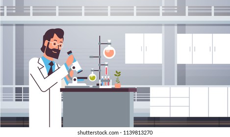 Male scientist working with microscope in laboratory doing research man making scientific experiments doctor in lab interior horizontal vector illustration