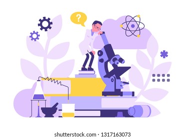 Male scientist working with microscope. Man in white coat, scientific investigator doing research in physical, natural sciences. Education and science concept. Vector illustration, faceless characters