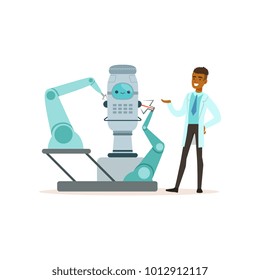 Male scientist working with robot conducting experiments in a modern laboratory vector illustration