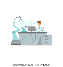 Male scientist working with robotic arm conducting experiments in a modern laboratory vector illustration