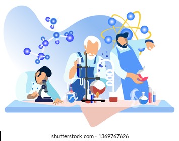 Male Scientists in Lab Flat Vector Illustration. Researchers Adding Liquids in Beakers Isolated Characters. Cartoon Assistant Studying Specimen in Microscope. Molecules in Chemical Reaction