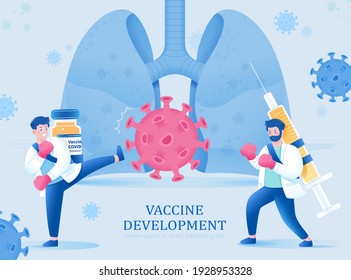 Male Scientists With Vaccine Bottle And Syringe Fighting The Virus To Protect The Lungs. Concept Of Stopping The COVID Pandemic Through Vaccination.