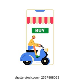 Male Scooter Driver In Online Shopping App Screen In Flat Vector Illustration Symbolizing E Commerce, Delivery, And Convenience, Isolated On White Background.