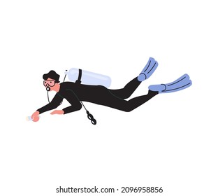 Male scuba diver with diving equipment isolated on white background. Flat Art Vector illustration.