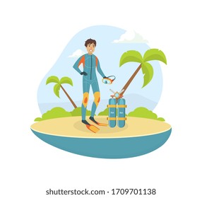 Male Scuba Diver in Diving Suit and Flippers Standing on Tropical Beach, Water Active Sport, Summer Vacation Vector Illustration