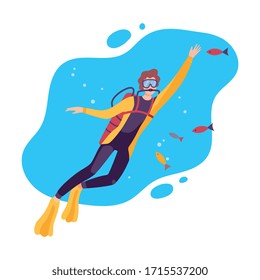 Male Scuba Diver Swimming under the Sea, Man Exploring Underwater Marine Life, Extreme Hobby or Sport Flat Vector Illustration