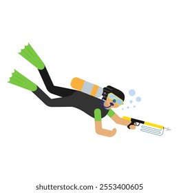 male scuba diver swimming underwater, snorkeling man, diving class, simple cartoon illustration in flat style