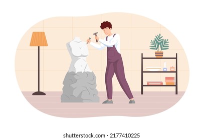 Male sculptor creating beautiful female body statue from marble. Craftsman holding hammer and chisel making stone sculpture at workshop. Art hobby or creative profession flat vector