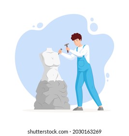 Male sculptor hitting use hammer creating beautiful female body statue from stone. Artistic man enjoying art hobby or creative job at workshop. Skilled craftsman making marble sculpture cartoon vector