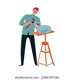 Male sculptor using hammer flat vector illustration