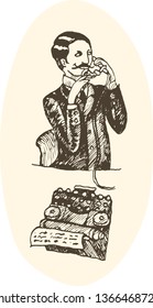 Male secretary with telephone and typewriter characters gossip macabre noir people emotions conspiracy sneak whisper snitch out denunciation