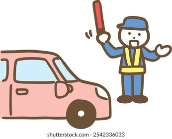 A male security guard guiding a car