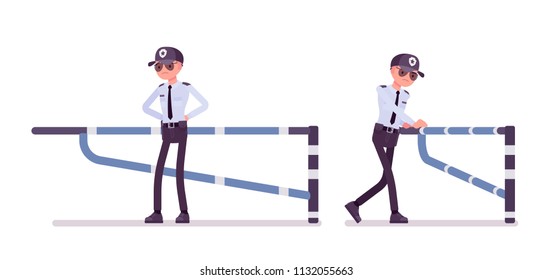 Male security guard at mechanical barrier. Uniformed officer, protective agent watches entrance. Public, private city safety concept. Vector flat style cartoon illustration, isolated, white background