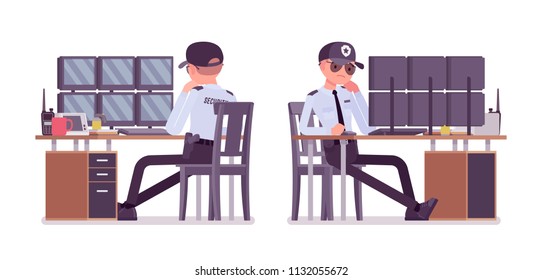 Male security guard monitoring alarm systems. Uniformed officer or protective agent watching. Public, private city safety concept. Vector flat style cartoon illustration, isolated on white background