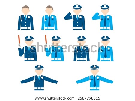 Male security guard pose set: salute, guide, no entry
