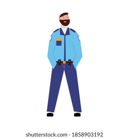 Guardia de seguridad masculina en la ilustración uniforme del vector de icono plano