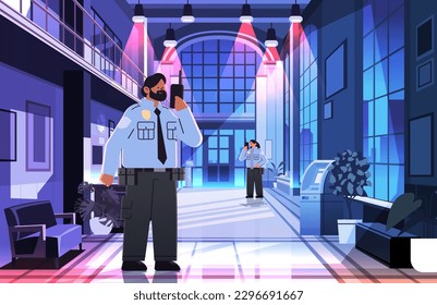 male security guard in uniform using walkie-talkie in night office public or private safety concept