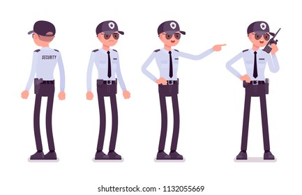 Male Security Guard. Uniformed Officer, Protective Agent With Portable Radio. Public And Private City Safety Concept. Vector Flat Style Cartoon Illustration, Isolated On White Background, Front, Rear