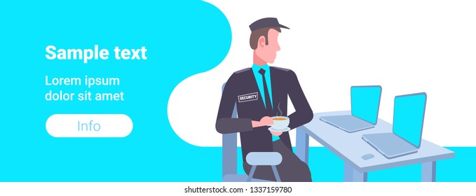 male security guard worker looking laptop screen man in uniform sitting at workplace desk surveillance room horizontal copy space portrait flat