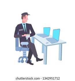male security guard worker looking laptop screen man in uniform sitting at workplace desk surveillance room white background full length flat