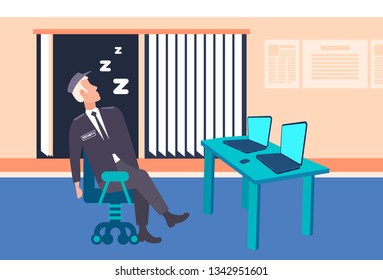 male security guard worker sleeping at workplace man in uniform sitting armchair overworked tired concept surveillance office interior full length flat horizontal