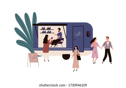 Male seller character work at shoes van kiosk vector flat illustration. People walking near boots shop and service isolated on white background. Small business footwear selling and repair