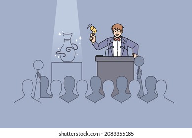 Male seller with gavel sell sculpture on auction to audience. Man auctioneer lead public buying event, people buyers raise hands make bids. Art gallery and antique concept. Vector illustration.