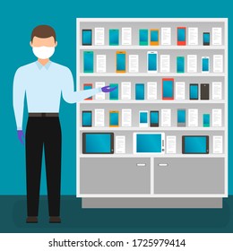 Male seller in a mobile phone store in a medical mask and gloves. vector illustration.