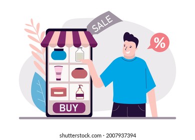 Male Seller Offer To Buy Cosmetic In Online Store. App On Phone Screen For Buying Skin Care Products. Man Adverts Makeup In The Internet Shop. E-shopping Concept. Cruelty Free. Vector Illustration
