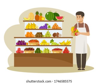 Male seller offers fruits. Vector flat illustration