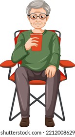 A male senior cartoon character drinking coffee on camping chair illustration