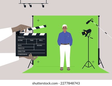 A male senior Caucasian character standing against a chroma key screen in a movie studio, video production