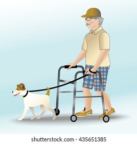 Male senior citizen with walker taking his dog for a walk