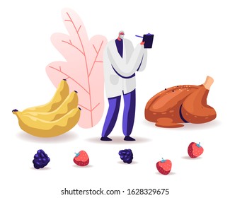 Male Senior Doctor Nutritionist Wearing White Robe Holding Clipboard Stand near Fried Chicken, Bananas and Berries around. Dietology Science, Healthy Nutrition Concept. Cartoon Vector Illustration