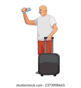 Male senior tourist with luggage on white background