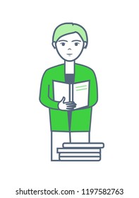 Male seriously reading document page isolated vector. Documentation and analyzing of information, pages and data. Results of researches statistics