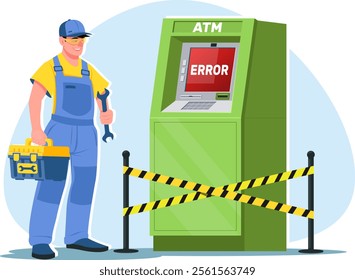 male service worker is repairing ATM machine, troubleshooting terminal. Stock vector illustration