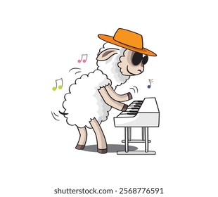 A male sheep playing organ cheerfully in Vector